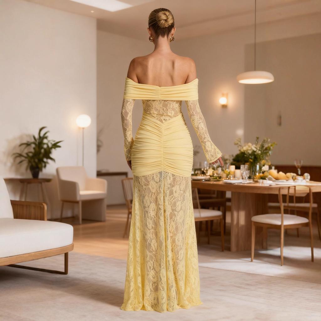 Temperament Lace One-word Collar Shoulderless Long Dress Fashion Sexy Long Sleeve Backless Slim Dress Women