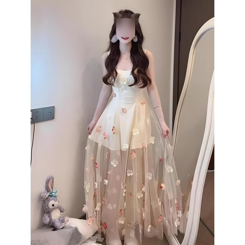 

Морской отдых нежный ветер трехмерное цветочное платье на бретелях темперамент талия сетчатое платье XL- (recommended 110-60kg)