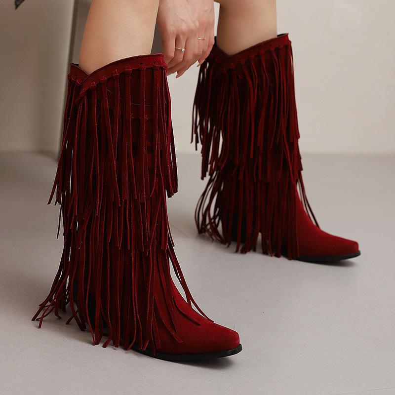 Autumn and winter fringed women's boots small square head solid color casual fashion boots H