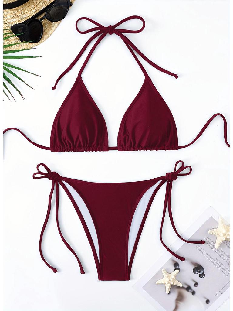Women's Solid Color Triangle Bikini - Lace-up, High Elasticity, Quick-dry, Breathable, Removable Padding, Sexy Swimwear