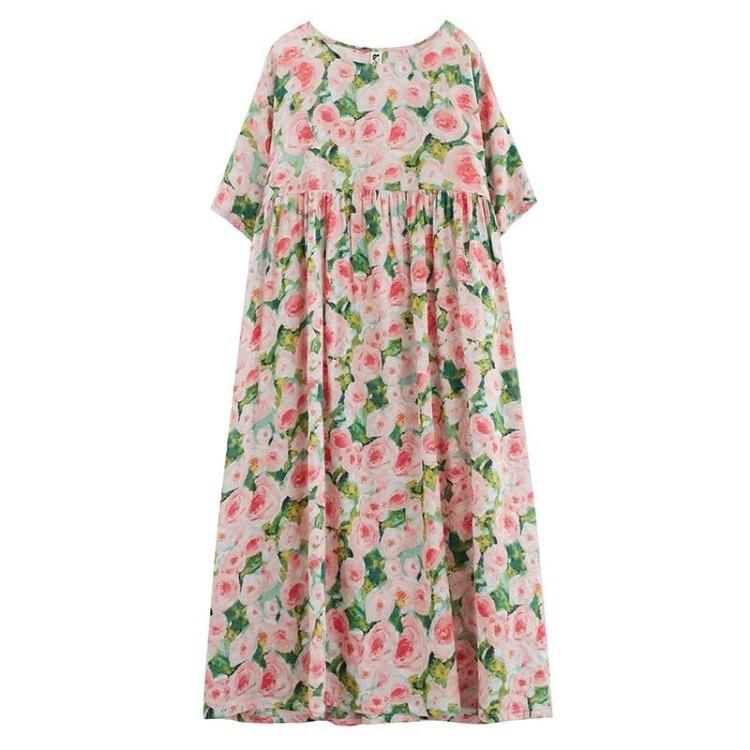 Vintage Floral Summer Casual Dress for Women Plus Size Loose Long Cotton Short Sleeve New In