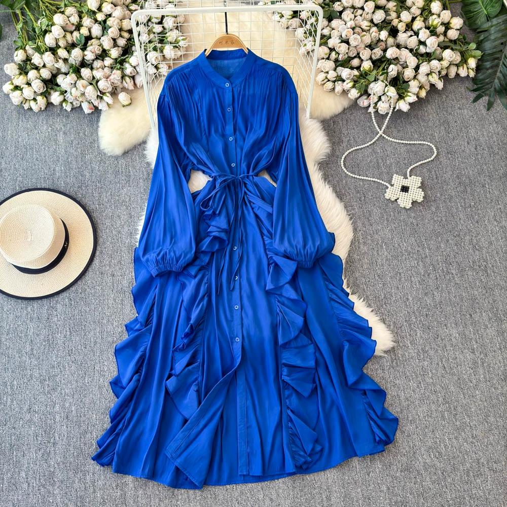 

Нежный стиль, темперамент, рукава-фонарики, воротник-стойка, присборенная талия, А-силуэт, оборки по краю, шифоновое платье, элегантные большие свободные длинные платья One Size синий