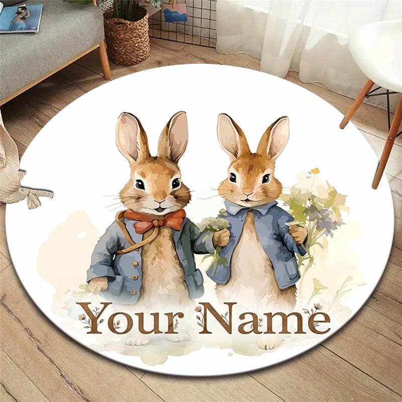 Easter Bunny Picnic Custom Name Round Area Rug Carpet Rug For Living Room Bedroom Sofa Playroom Decor Nonslip Floor Mat