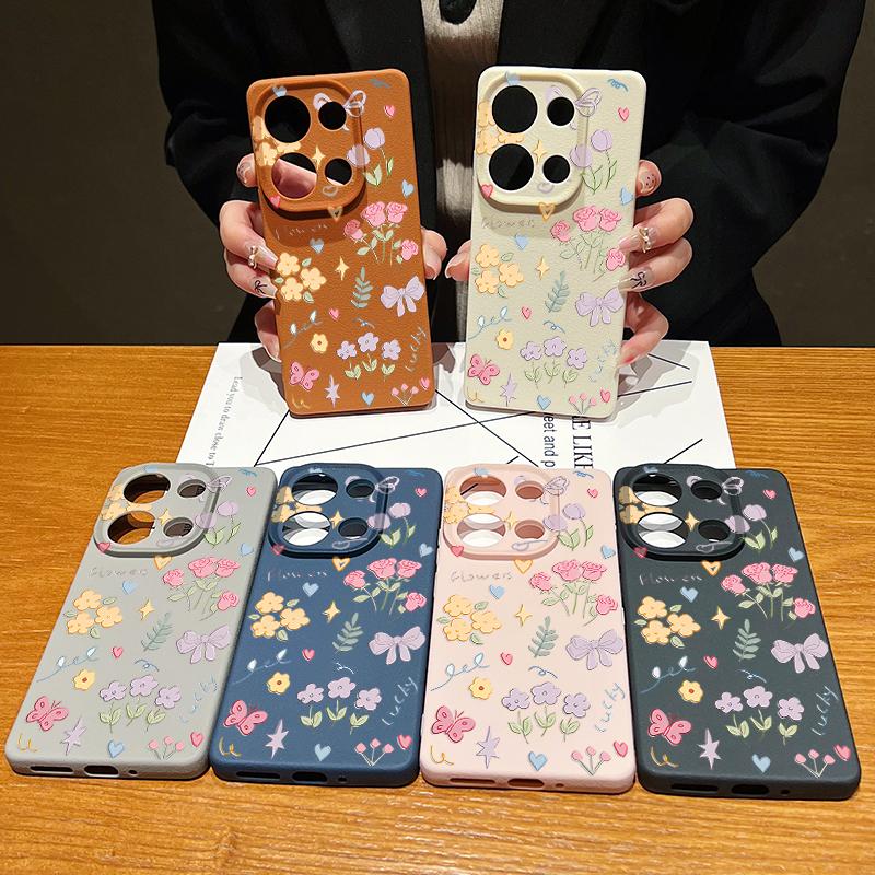Cartoon Floral Print Leather Texture TPU Soft Case For Xiaomi 13T Pro Poco X7 X6 M6 Redmi 13C Note 14 13 Pro 12 11 Slim Shockproof Matte Phone Cover