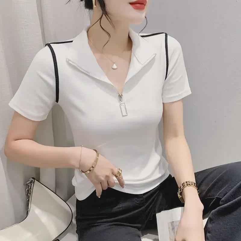 Tricou European pentru Femei cu Guler Ridicat și Fermoar la Jumătate, Design de Vară 2023, Top Versatil cu Mânecă Scurtă