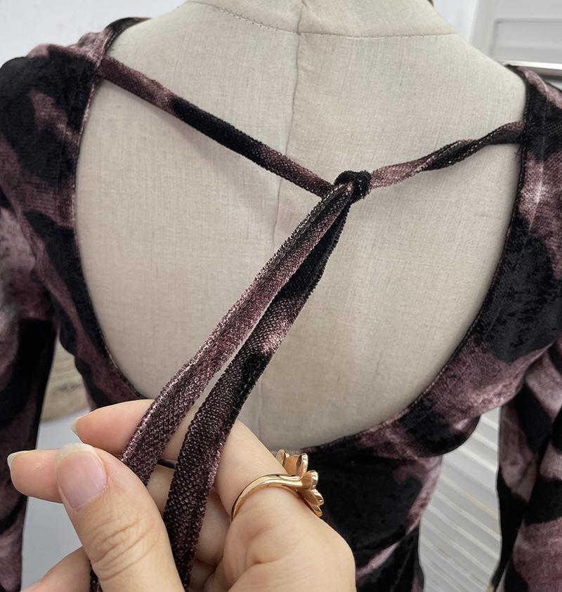 Damen Exklusives rückenfreies Leopardenmuster Schnürung Langarm Slim Fit Oberteil