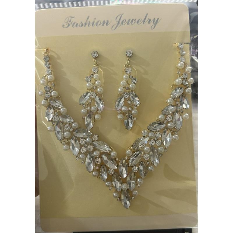 Bow Rhinestone Fringed Necklace Earrings Women's Two-piece Set, Wedding Temperament Noble and Elegant Collarbone