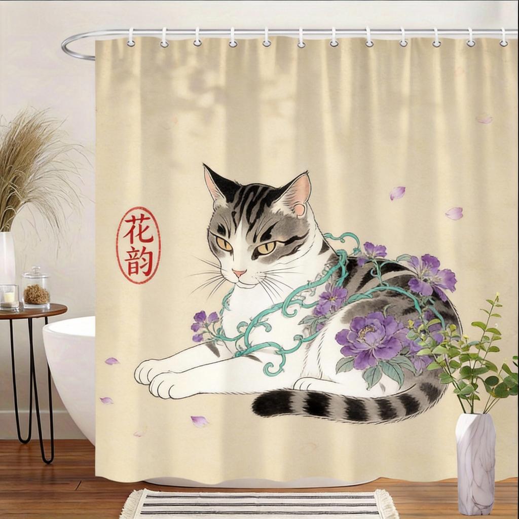 Ukiyo-E Cat Shower Curtain 180X180Cm – Black White Striped Cat With Dragon, Edo Period Art Bathroom Decor, 12 Hooks