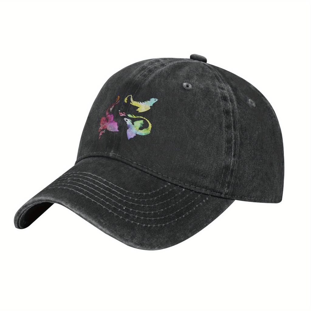 Watercolor Dragon Print Baseball Cap Distressed Denim Casual Adjustable Golf Hat Adult