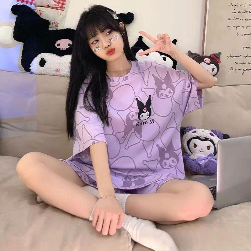 Jährlicher Pyjama Damen Imitationsbaumwolle Kurzarm Zweiteiler, Sommer Damen Erdbeer-Loungewear Kann Draußen Getragen Werden