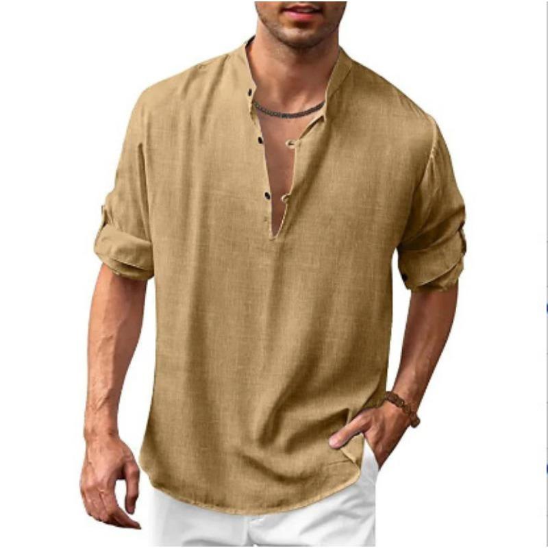 Men Linen Blend Stand Collar Shirt Casual Half Button Roll Up Sleeve Solid Blouse