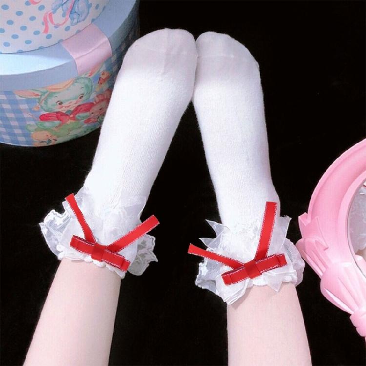 Calzini da Caviglia da Donna con Fiocco Dolce e Nodo Giapponese Carino con Pizzo Arricciato in Cotone