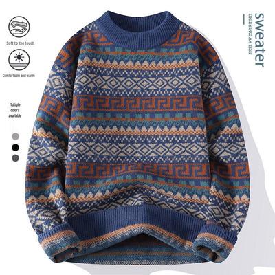 M6635-2025 Herbst/Winter Herren Pullover mit Rundhalsausschnitt und Großer Mauer Jacquard-Strick