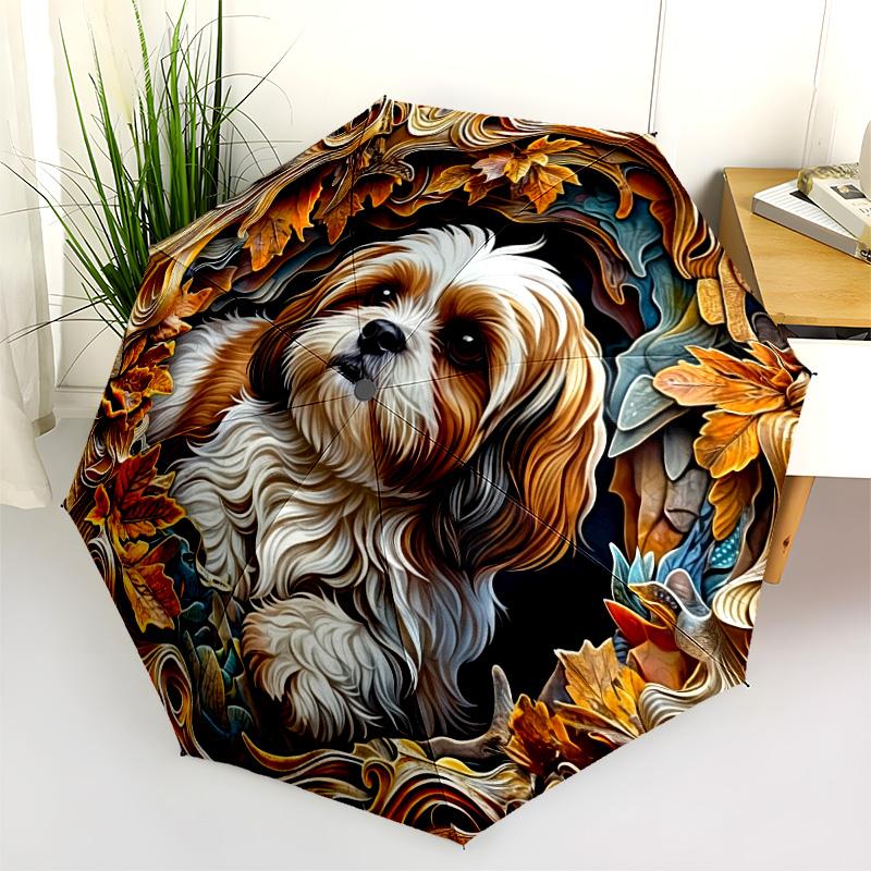 0106 Embossed Leaf Dog  Pattern, Automatic Folding Umbrella, Portable and Foldable Design, 8 Ribs, a Christmas or Birthday Gift.