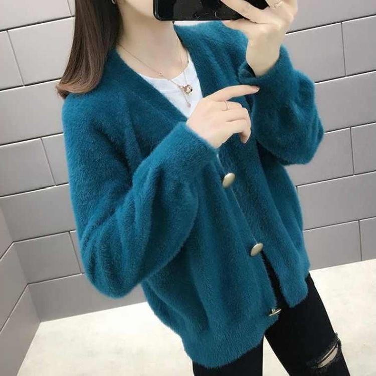 Casaco Cardigan Feminino Curto Solto Primavera Outono Cor Sólida Lã Sintética de Vison Tricotado Botão Suéter