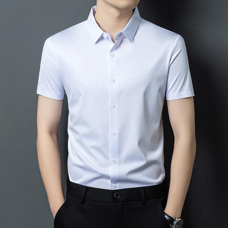 Men's Ice Silk Short Sleeve Lapel Shirt - Business Casual, Non-Iron, Elastic Fit for Middle-Aged Dads