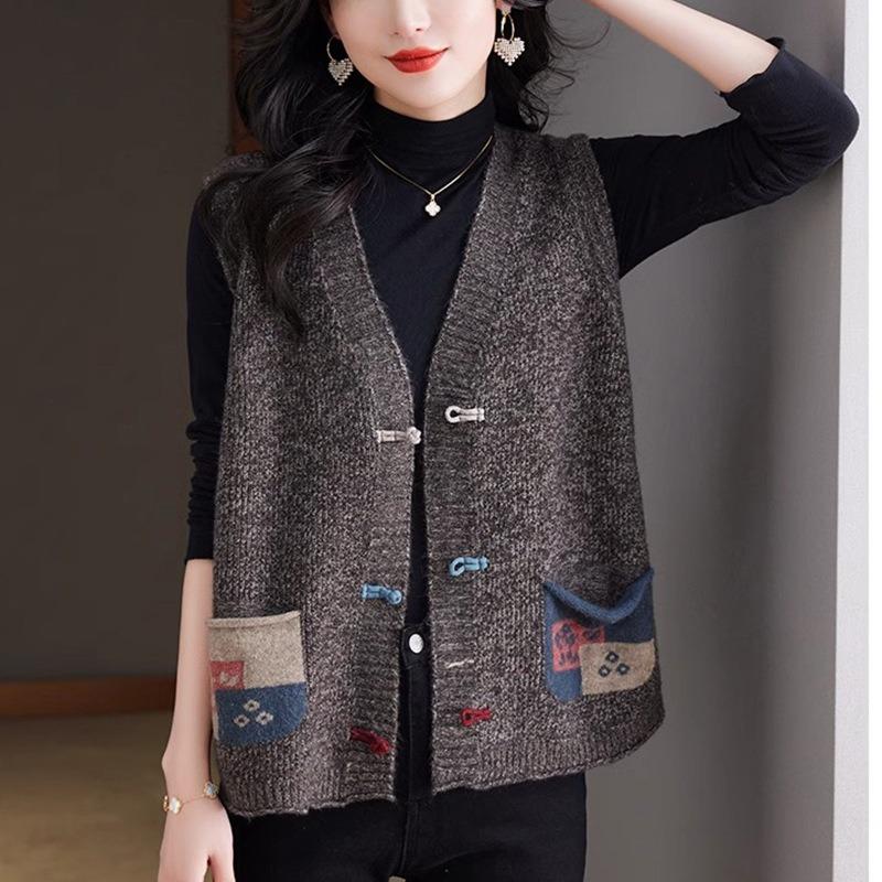 New Spring Autumn Outfits Women's National New Chinese Style Loose Slim Middle-aged Elderly Knitted Cardigan Waistcoat