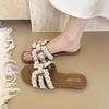 French Pearl One-word Slippers Women's Summer Wear 2025 New Super Fire Flat Bottom Small Fragrance with Skirt Beach Sandals