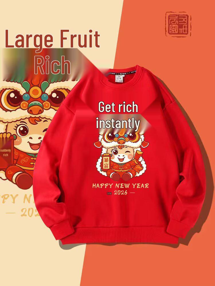 Red Chinese New Year Horse Cartoon Hoodie, Unisex Round Neck, Plus Velvet, Casual Loose Fit