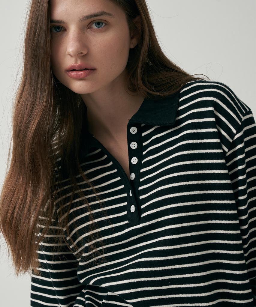 MOTT Button Collar Striped Sweatshirt - Black
