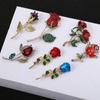 Red Rose Flower Leaves Crystal Backpack Decoration Korean Enamel Pin Women Rose Brooches Badges Pin
