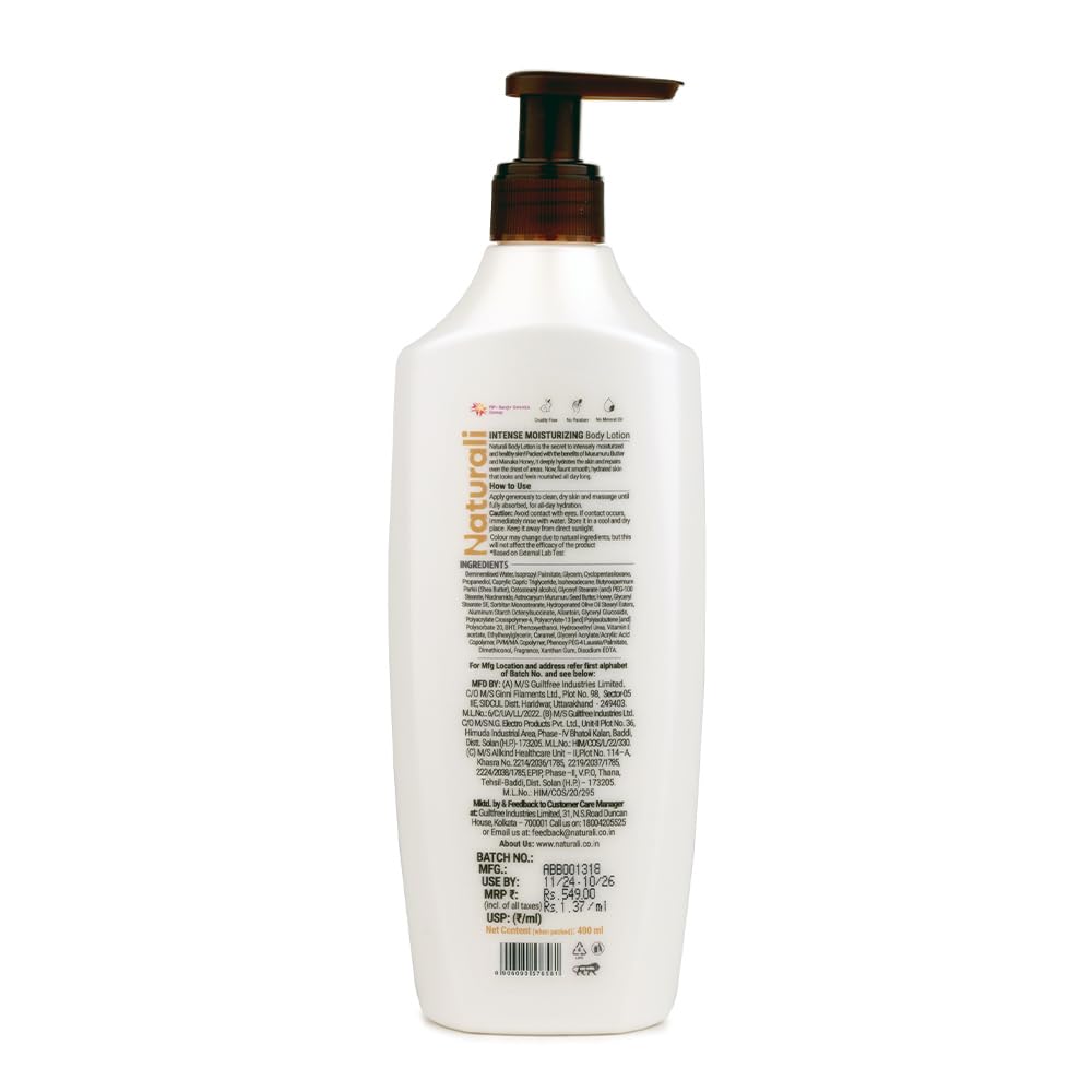 Naturali Intense Moisturisation Body Lotion 400 Ml Deep Hydration For Dry Skin Barrier Repair Daily Use Paraben Free Care