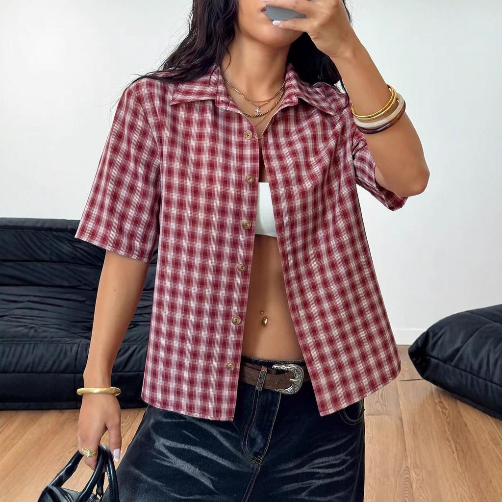 New Summer Checkered Five-sleeved Top Shirt for Women