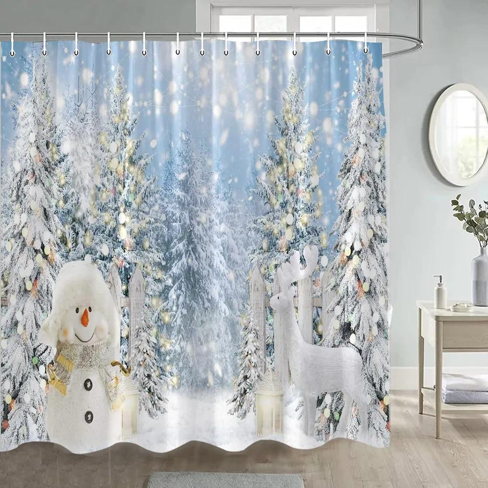 Christmas Winter Snowman Cardinal Holly Funny Cute Red White Shower Curtain Polyester Machine Washable for Xmas Bathroom