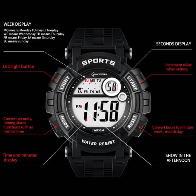 MINGRUI Large Display Sports Digital Suitable for Men and Waterproof for Daily Japanese Instruction Manual Time Field Factory Elementary School Junior