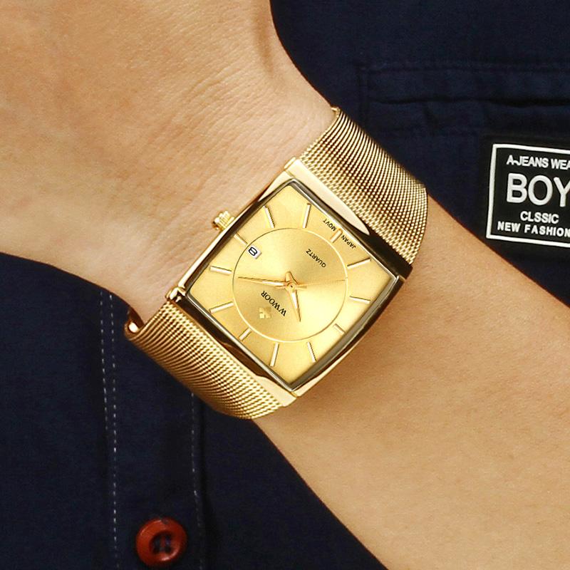 Wwoor Brand Luxury Gold Men Square Japan Quartz Slim Mesh Steel Waterproof Sports Automatic Date Wrist Watches Relogio Masculino