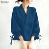 Women Casual V-Neck Solid Color Loose 3/4 Sleeve Blouse