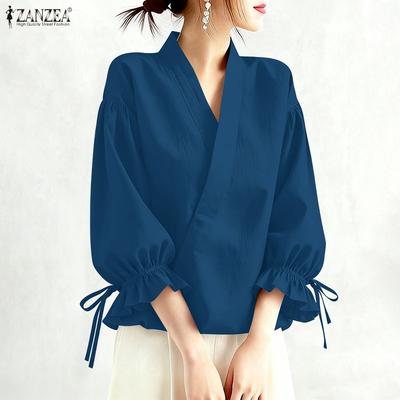 Blusa informal holgada de color liso con escote en V y mangas 3/4 para mujer