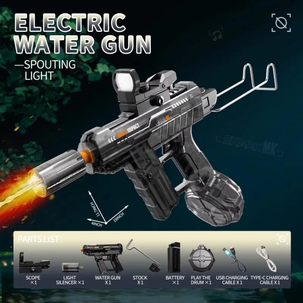 Powerful Uzi Electric Water Gun With Light Up Glowing Silencer Automatic Water Blaster For Summer Outdoor Shooting Games