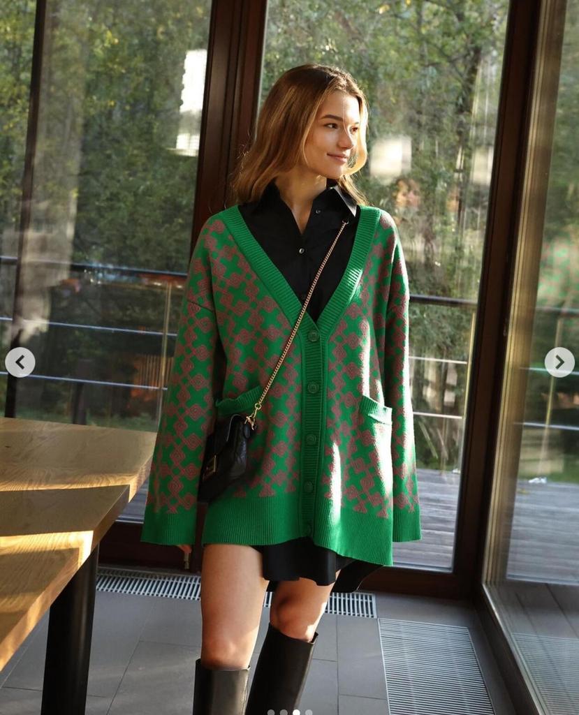European Spring & Autumn Mid-length Jacquard Open-front Knit Cardigan Sweater