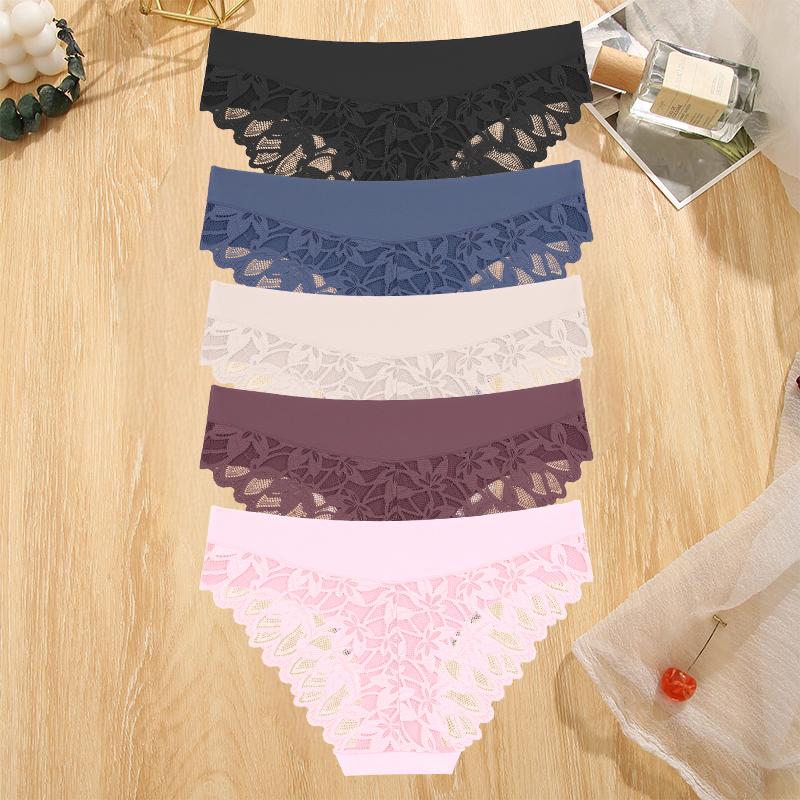 5Pcs Women Lace Floral Underwear Seamless Stretch Panties Sexy Hollow Out Low-Waist Briefs Women Lace Comfort Lingerie