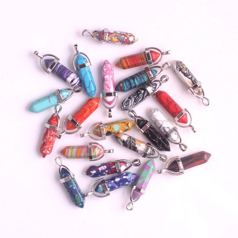 Bohemian Style Agate Crystal Quartz Hexagonal Bullet Pendant Necklace