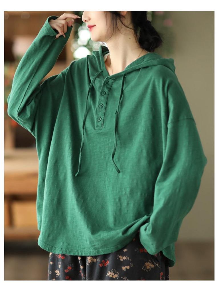 2025 Spring Retro Hooded Pullover: Women's Casual Loose Fit Solid Color Long Sleeve Sweatshirt