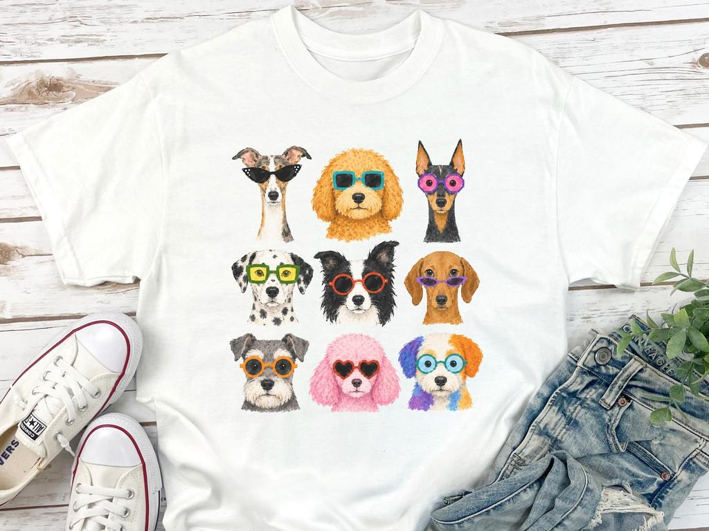 Watercolor Dog Faces with Glasses T-Shirt - Cute Dog Lover Graphic Tee, Fun Puppy Breed Art Shirt