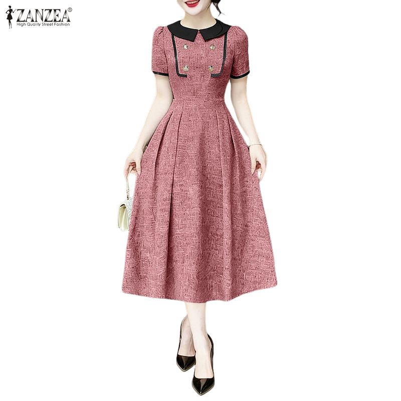 ZANZEA Women Casual Doll Collar Summer Short Sleeve Elegant A-line Dress