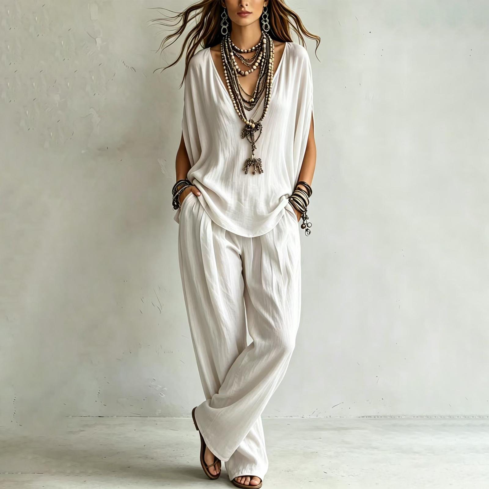 

Women V Neck Batwing Sleeve Top and Loose Fit Long Pants Two Piece Set Casual Summer Outfit Lightweight Soft Fabric M