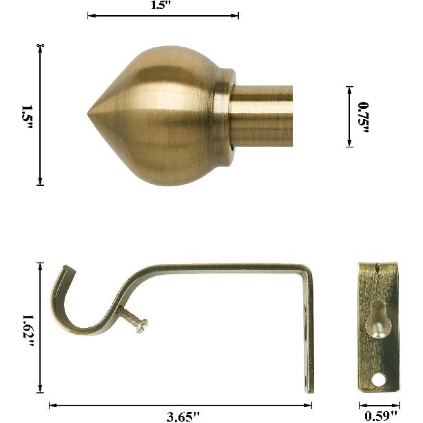 3/4" Standard Decorative Adjustable Curtain Rod,Heavy Duty Curtain Rods Set for Windows,30 To 52 Inch, Antique Brass