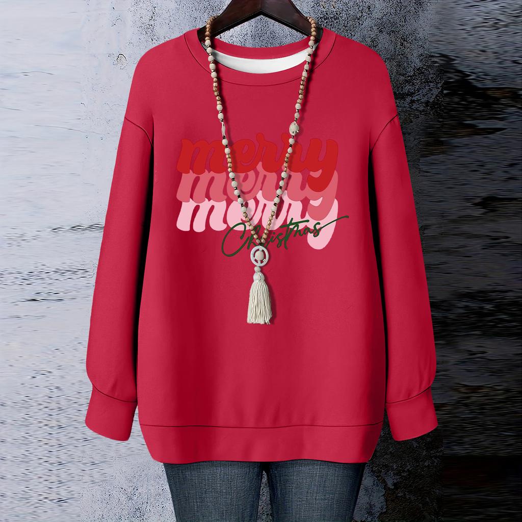 Ladies' Christmas Printed Round Neck Long Sleeved T-shirt Sweatshirt Top