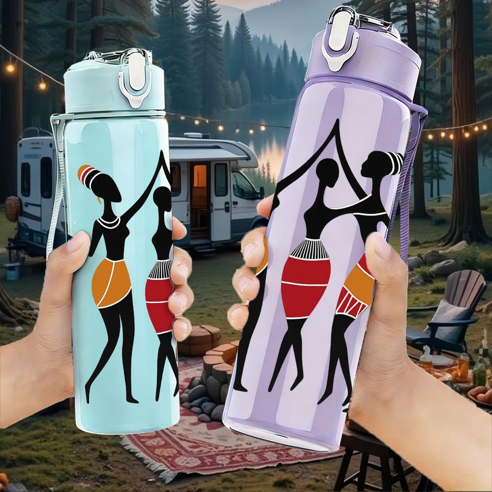 1PC Three African Lady Dancer Pattern 750ml Color Plastic Sports Water Bottle Leakproof Flip Straw Lid Suitable for Sports Office Home Use
