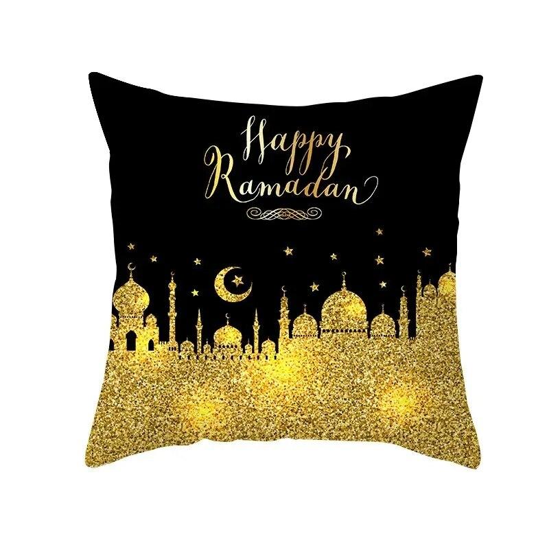 Golden Ramadan Eid Mubarak Moon Mosque Decorative Cushion Cover Islamic Pillow Cover for Sofa Home Car Decoration