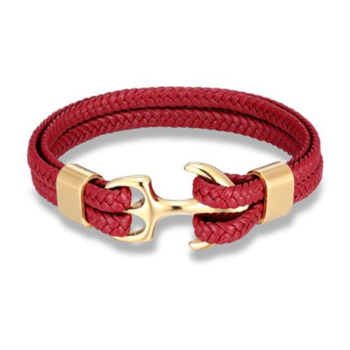 Men Titanium Steel Bracelet Black Cowhide Woven Anchor Leather Rope Bracelet