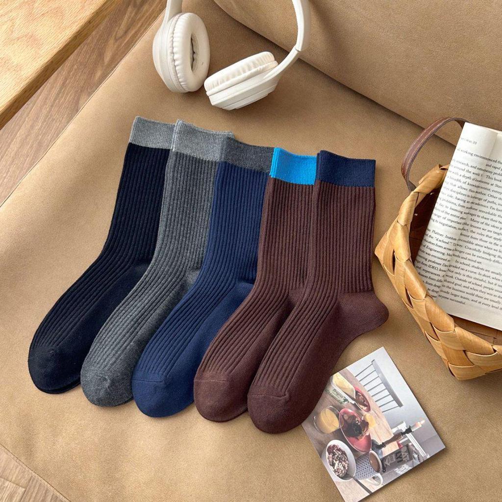 Trendy Retro Dark Blue/Brown Mid-Calf Cotton Socks — Slimming, Puffy & Non-Constricting for Autumn/Winter
