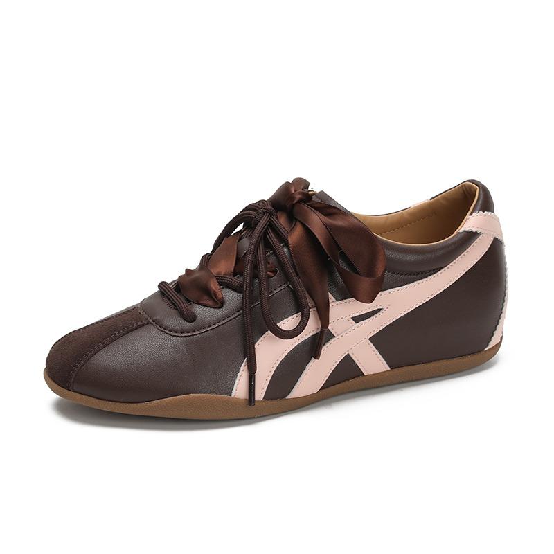 Cowhide version ~ retro contrast stitching women's leather casual sneakers soft soles comfortable ribbons