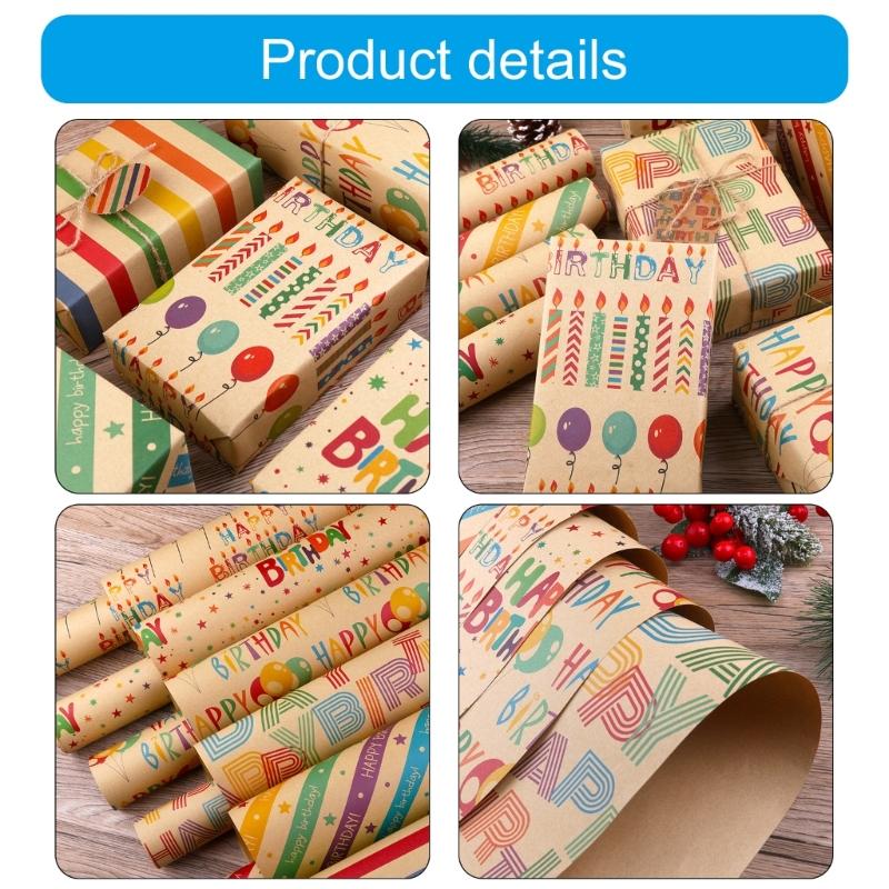 Birthday Gift Wrapping Paper Set Unique Birthday Gift Patterned Wrapping Paper with Tape Card and Straw Rope