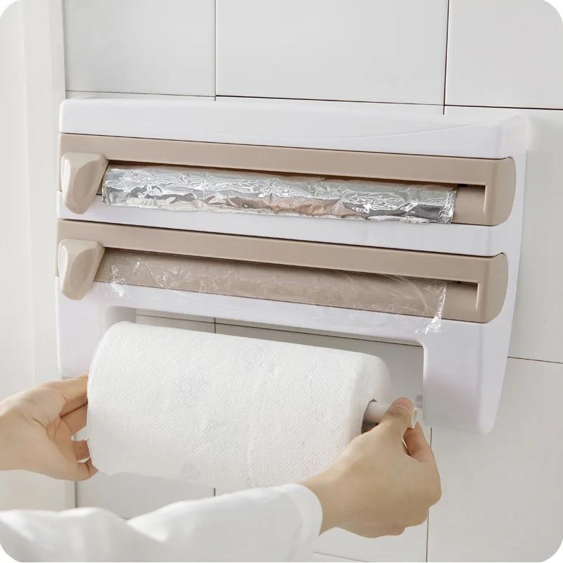 Wall-mount Kitchen Paper Towel Holder Adhesive Tissue Hanger Sauce Bottle Rack 4in1 Cling Film Cutting Holder Organizer хаки