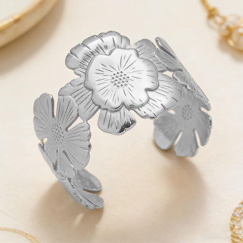 Gold Metal Open Bangle with Large Floral Design - High-End Women's Statement Jewelry